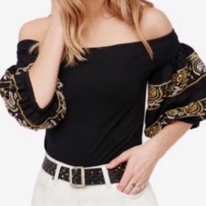 Free People Embroidered Puff Sleeve Off-Shoulder Black Top